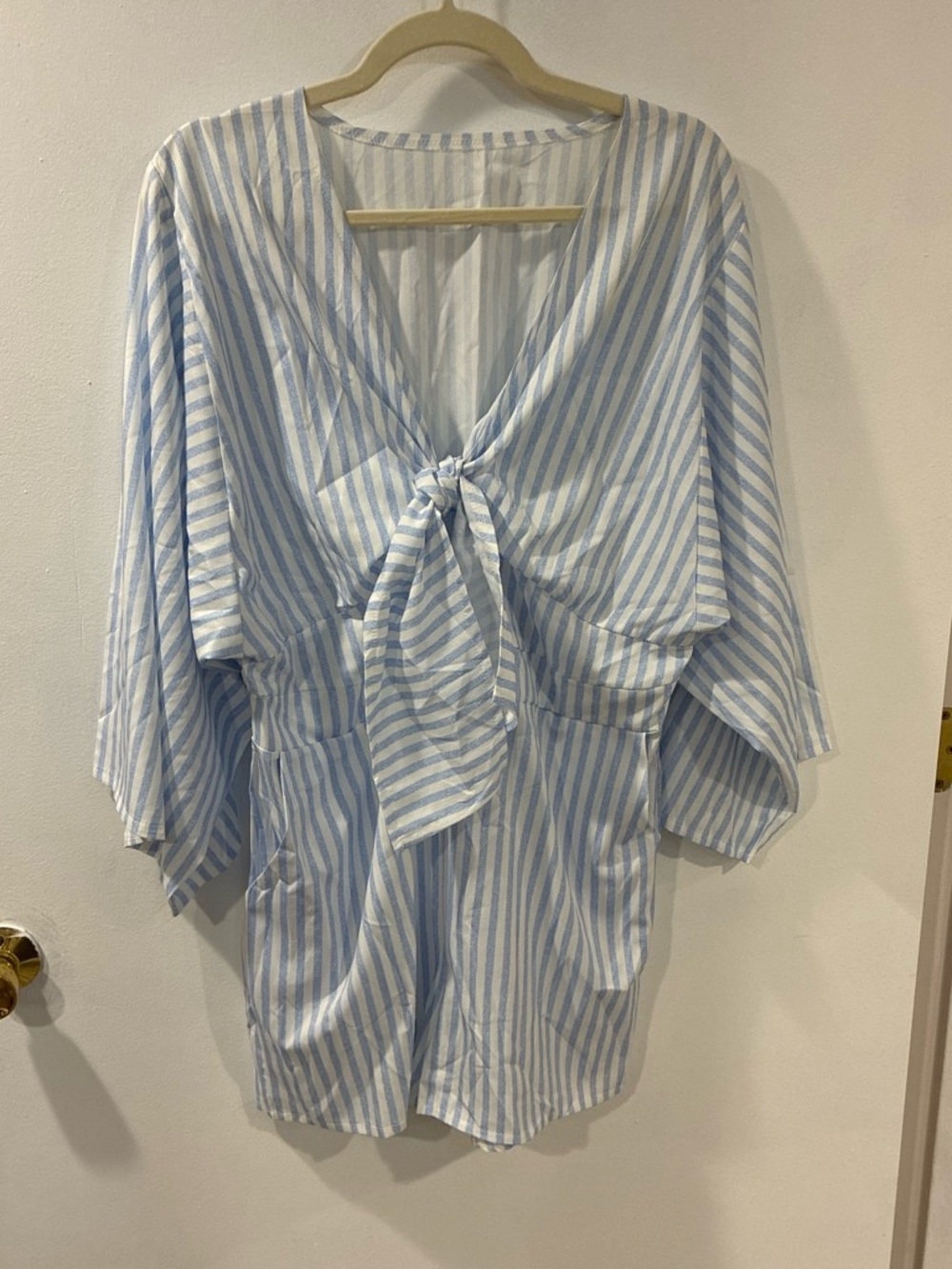 Light Blue & White Striped Tie-Front Romper with pockets